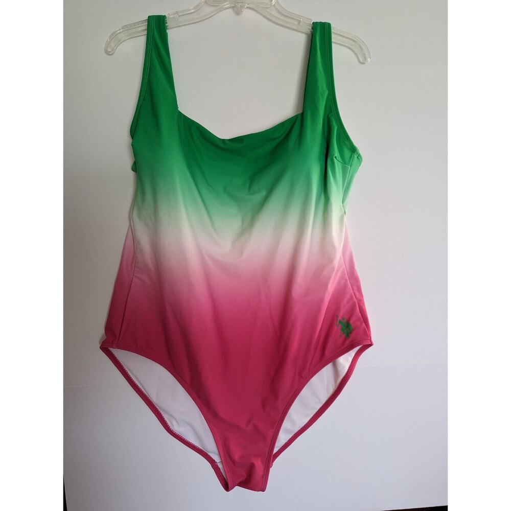 NWT US POLO‎ ASSN LADIES X-LARGE 15-17 OMBRE ONE PIECE SWIMSUIT GREEN PRINT
